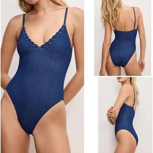 Good American Denim-Effect Navy Blue One-Piece Swimsuit NWT